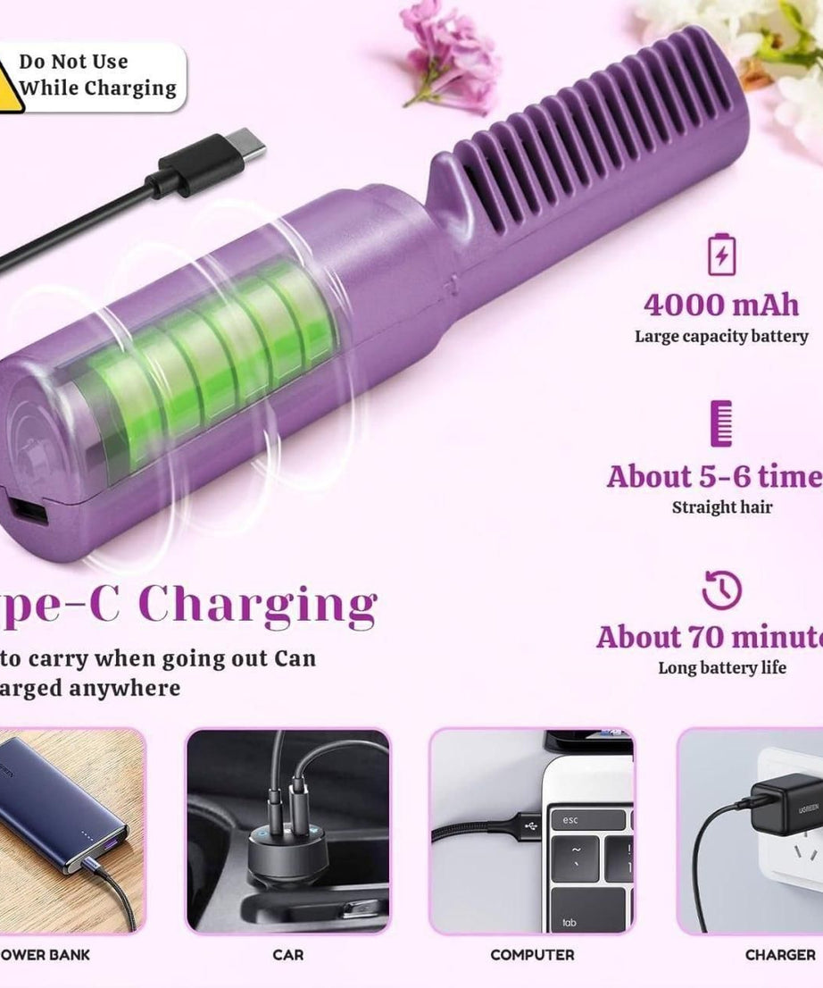 Meneflix Portable Mini Hair Straightener Cordless Rechargeable Mini Adjustable Hair Straightener Hot Comb